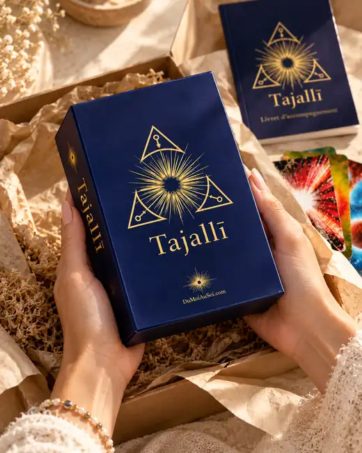 Le coffret Tajallī, L’Origine, ouvert entre les mains, avec le livret et les cartes