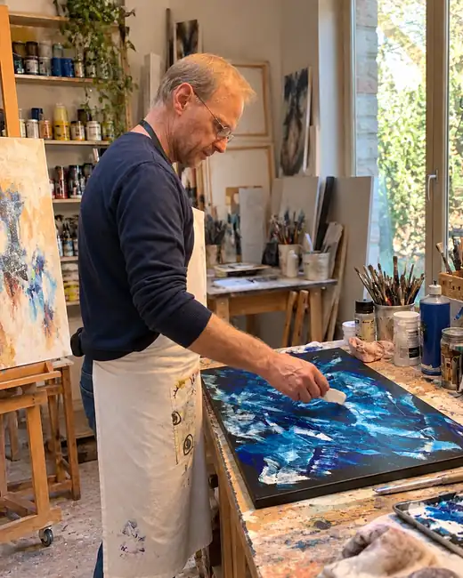 Stéphane Vandenwyngaert dans son atelier, travaillant une toile bleue posée sur la table